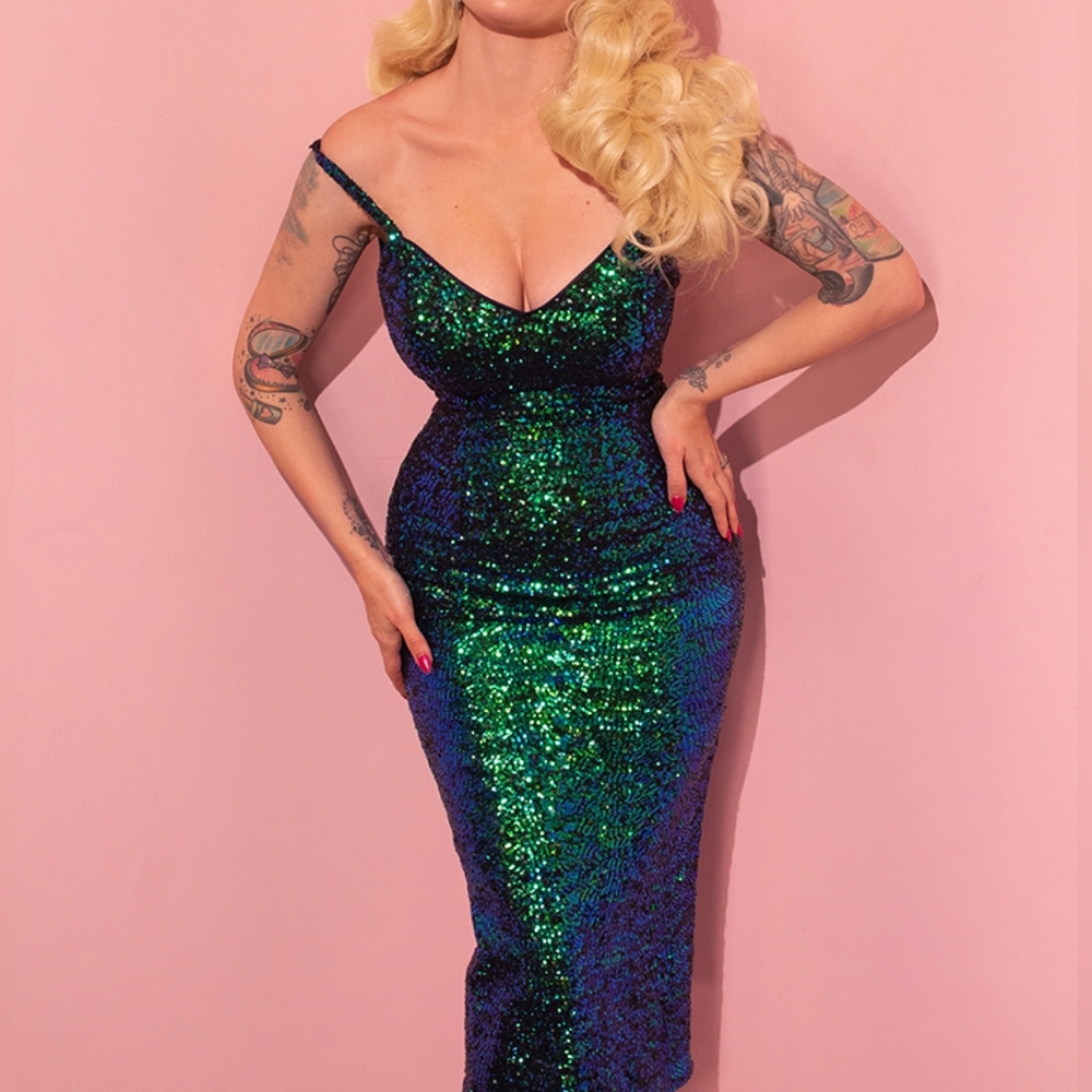 Vixen by Micheline Pitt Green and Blue Sequin Glitz Dress